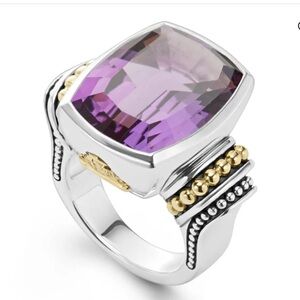 LAGOS RITTENHOUSE LARGE BOLD 18 KT GOLD STERLING SILVER AMETHYST RING 7